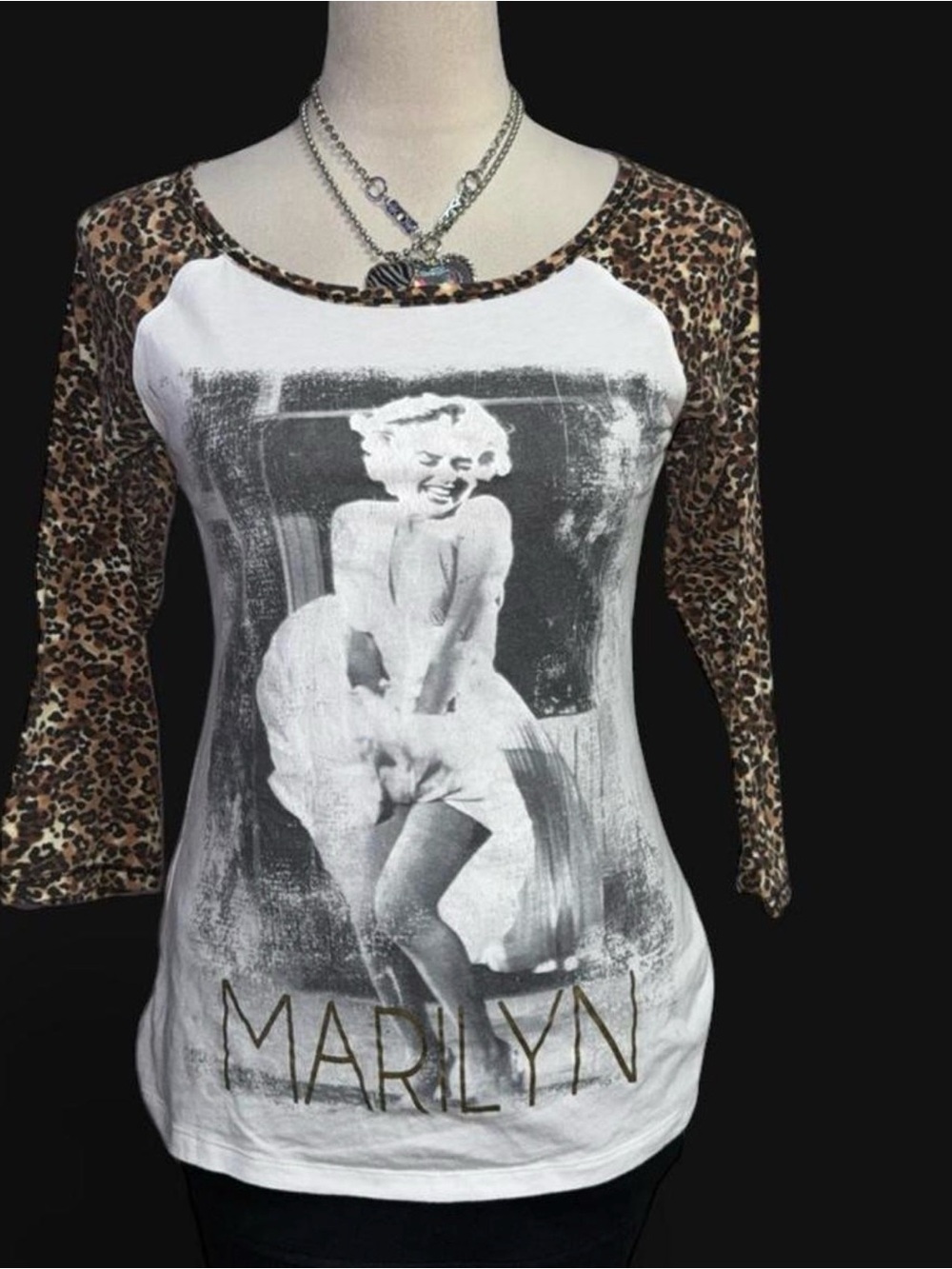 Marilyn Monroe Raglan Tee with Leopard Print Sleeves - White, Brown